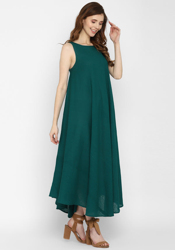 Emerald Green Sleeveless A-Line Long Cotton Dress