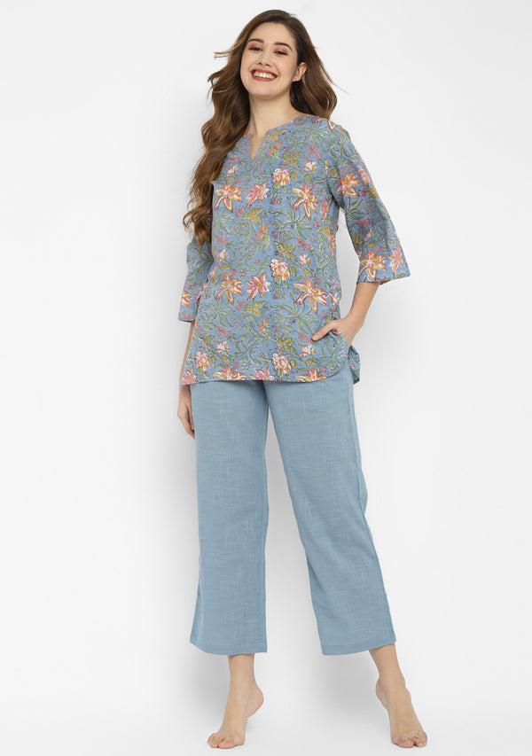 Smoke Blue Floral Hand Block Printed Cotton Night Suit