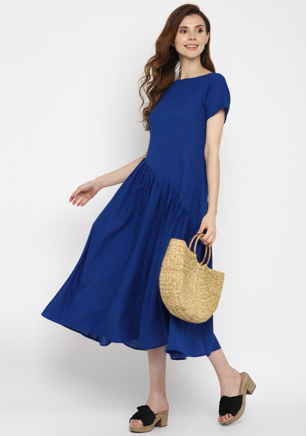 Royal Blue Long Cotton Dress With Gathered Waistline