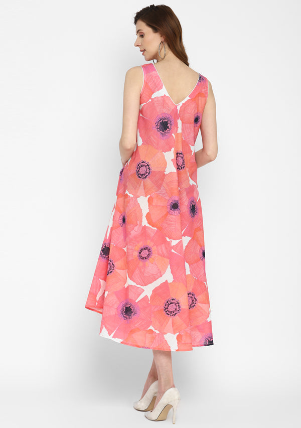 Pink Ivory Floral A-Line Sleeveless Long Cotton Dress