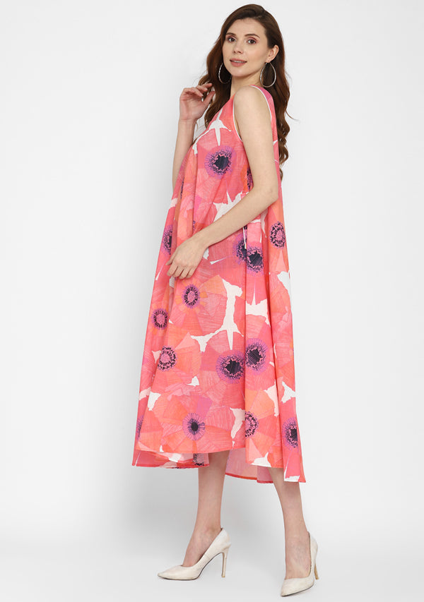 Pink Ivory Floral A-Line Sleeveless Long Cotton Dress