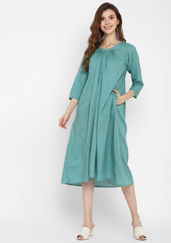 uNidraa  Aqua Calf Length Cotton Dress With Gathered Neckline