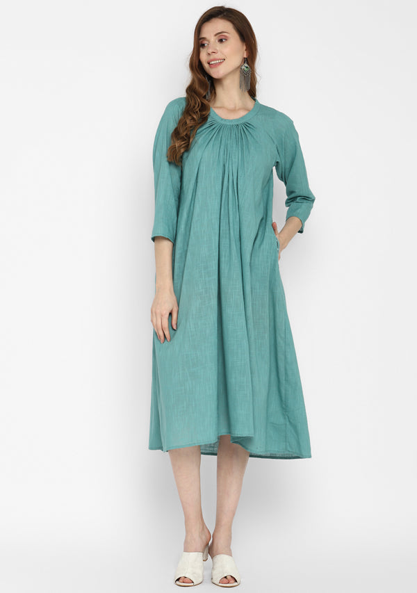 Aqua Calf Length Cotton Dress With Gathered Neckline