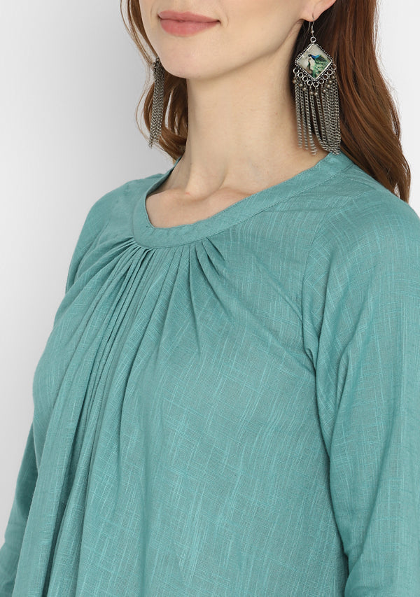 Aqua Calf Length Cotton Dress With Gathered Neckline