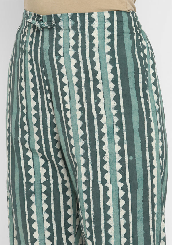 Aqua Calf Length Cotton Kurta With Gathered Neckline And Matching Pants
