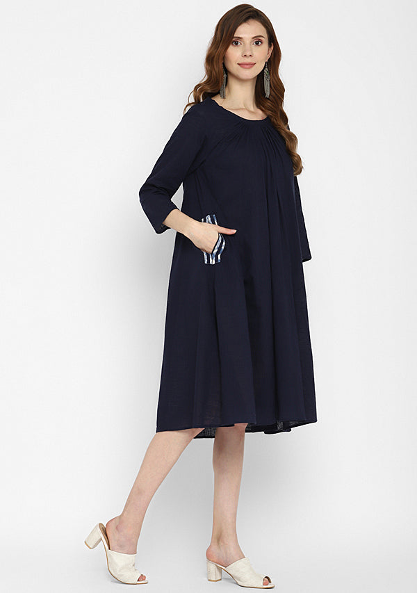 Navy Blue Calf Length Cotton Dress With Gathered Neckline