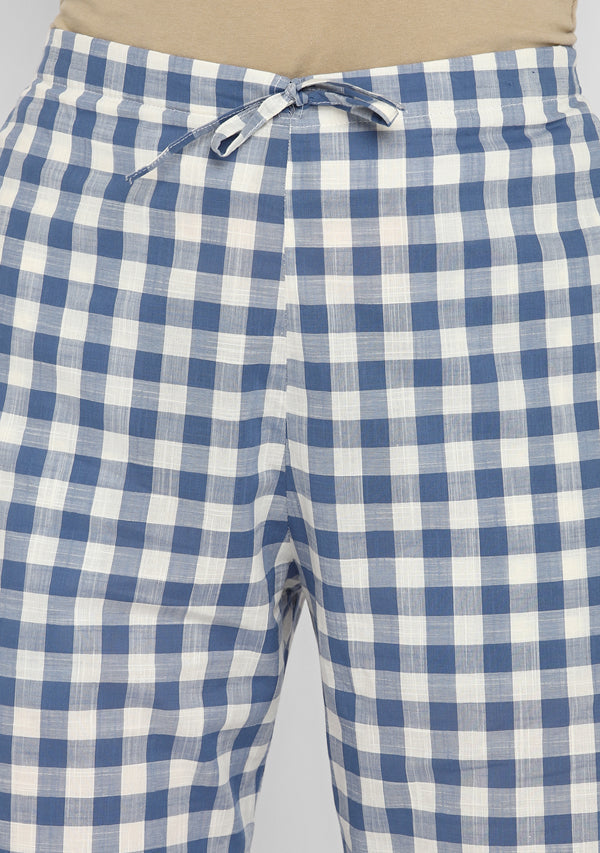 Navy Blue Calf Length Cotton Kurta With Gathered Neckline And Matching Pants