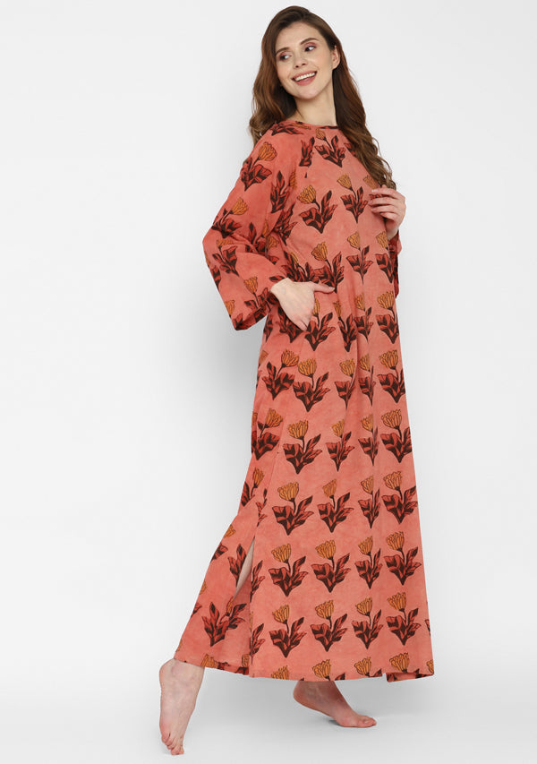 Peach Mustard Flower Motif Hand Block Printed Cotton Night Dress with Long Sleeves