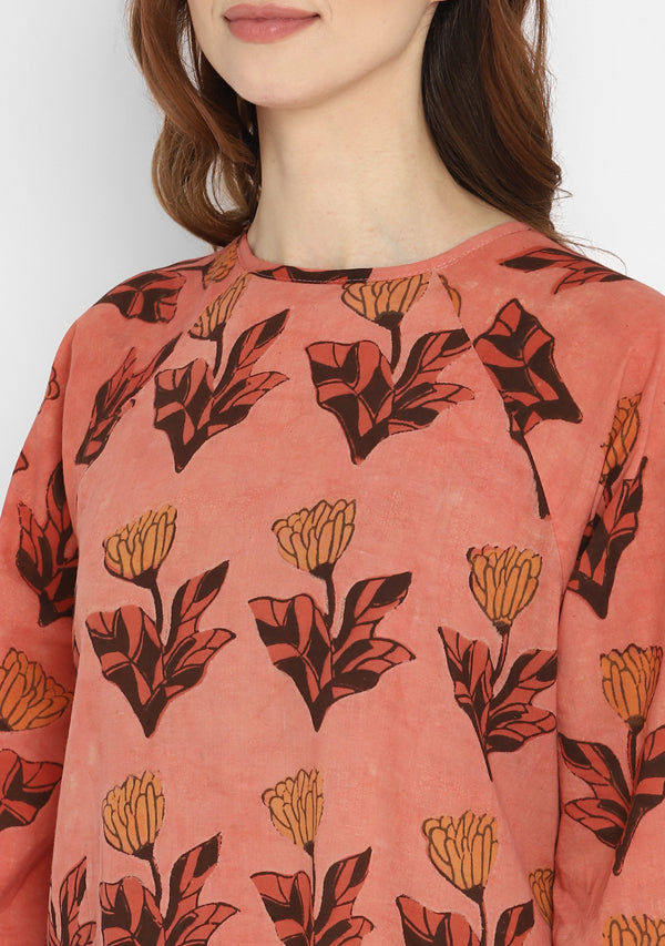 Peach Mustard Flower Motif Hand Block Printed Cotton Night Dress with Long Sleeves