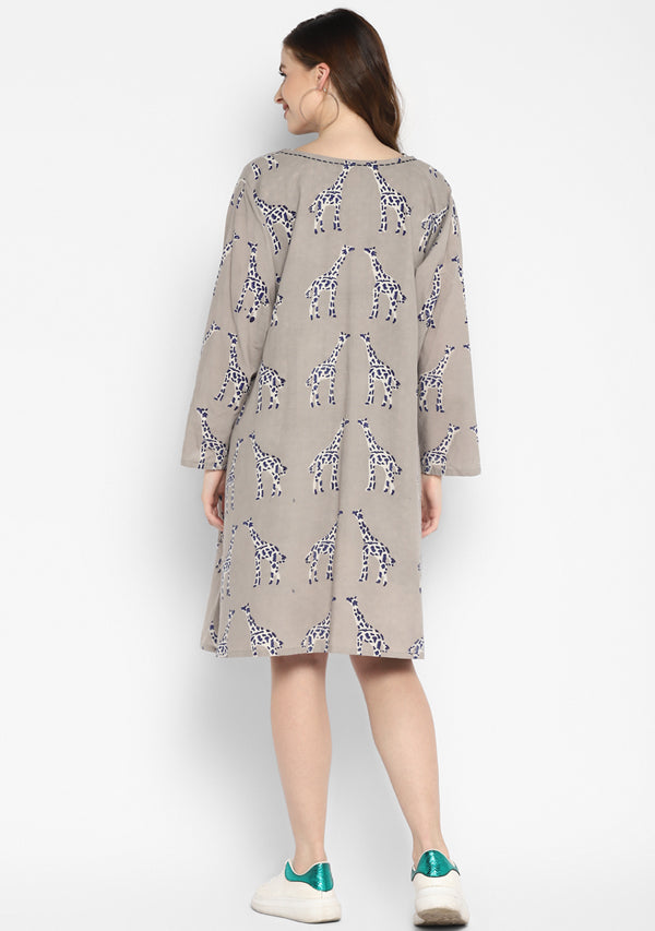 Beige Indigo Hand Block Printed Sleeveless Cotton Short Dress paired with Animal(Giraffe) Print Overlay