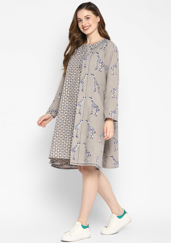 Beige Indigo Hand Block Printed Sleeveless Cotton Short Dress paired with Animal(Giraffe) Print Overlay