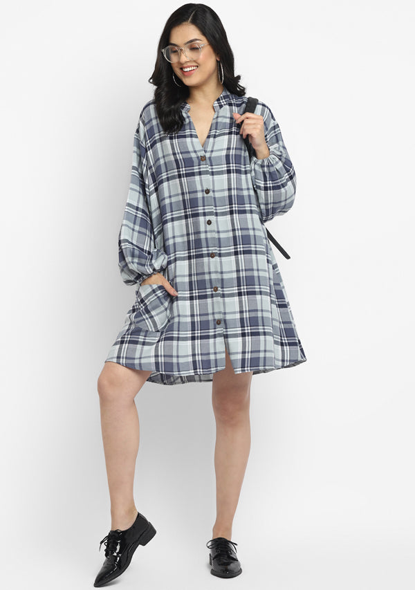 Flannel Smoke Blue Checked Short Dress With Long Sleeves And Contrast Buttons