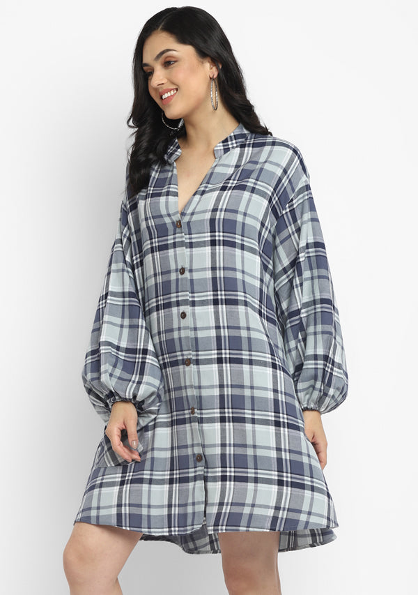 Flannel Smoke Blue Checked Short Dress With Long Sleeves And Contrast Buttons
