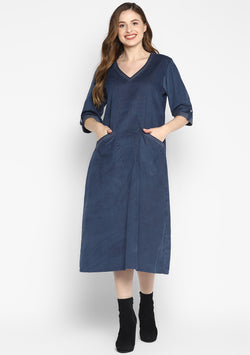 Corduroy Blue Calf Length Dress With Stitch lines on V-Neck and Pockets