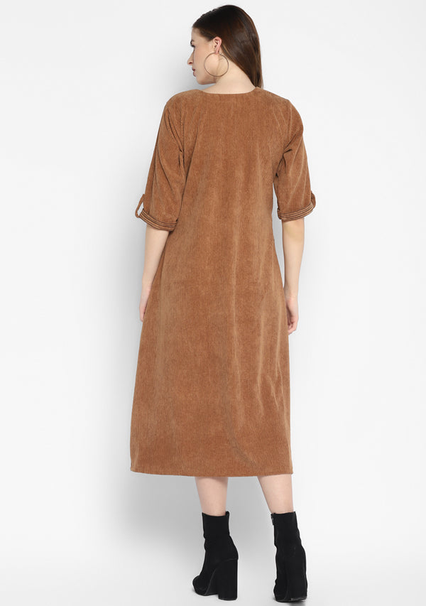 Corduroy Calf Length Brown Dress With Stitch lines on V-Neck and Pockets