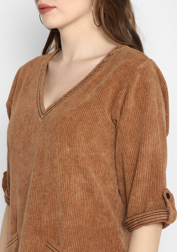 Corduroy Calf Length Brown Dress With Stitch lines on V-Neck and Pockets