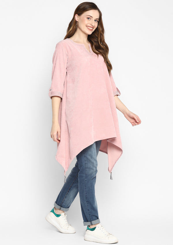 Corduroy Pink Asymmetric Tunic with Contrast Stitch lines  and Tassels