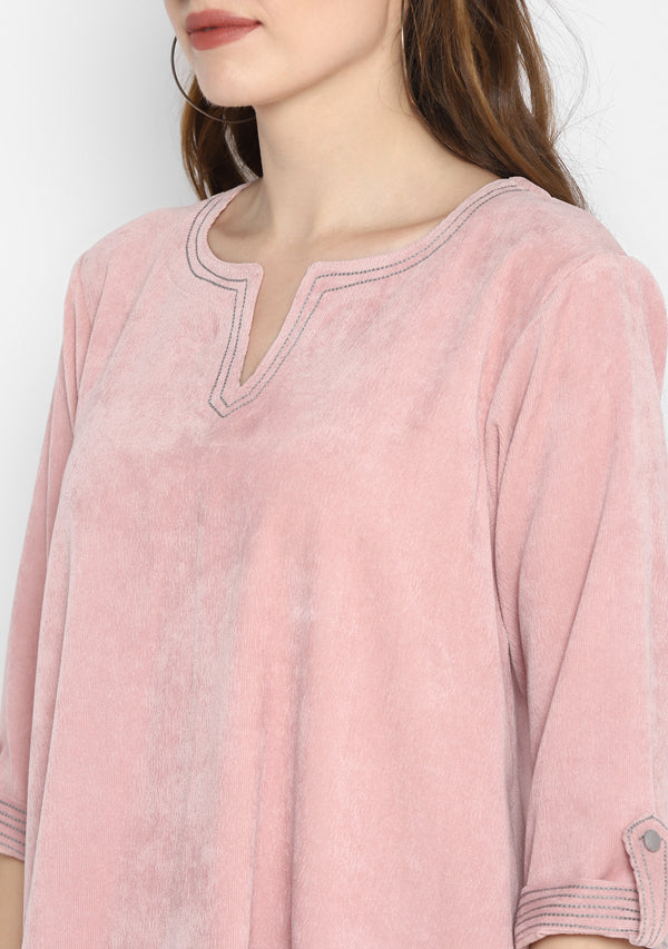 Corduroy Pink Asymmetric Tunic with Contrast Stitch lines  and Tassels