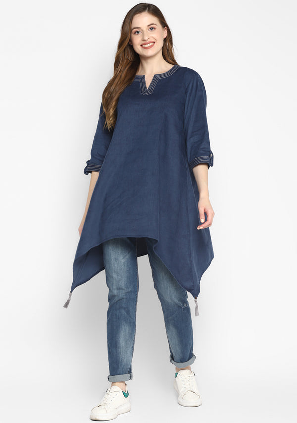 Corduroy Blue Asymmetric Tunic with Contrast Stitch lines  and Tassels