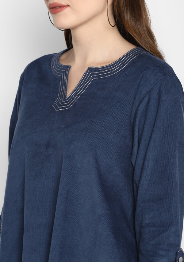 Corduroy Blue Asymmetric Tunic with Contrast Stitch lines  and Tassels