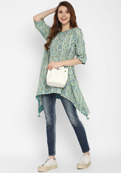Aqua Yellow Hand Block Printed Asymmetric Tunic with Contrast Stitch lines  and Tassels