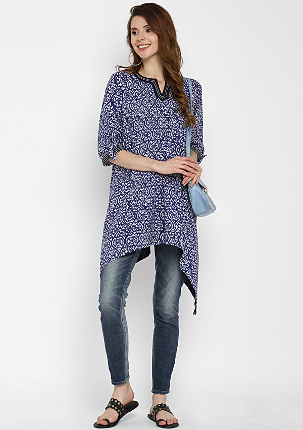 Blue Ivory Hand Block Printed Asymmetric Tunic with Contrast Stitch lines  and Tassels