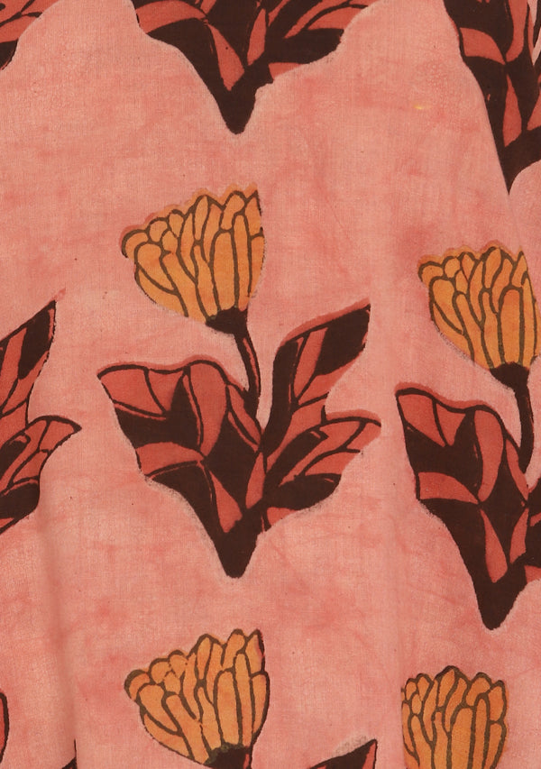 Peach Mustard Flower Motif Hand Block Printed V-Neck Cotton Kaftan