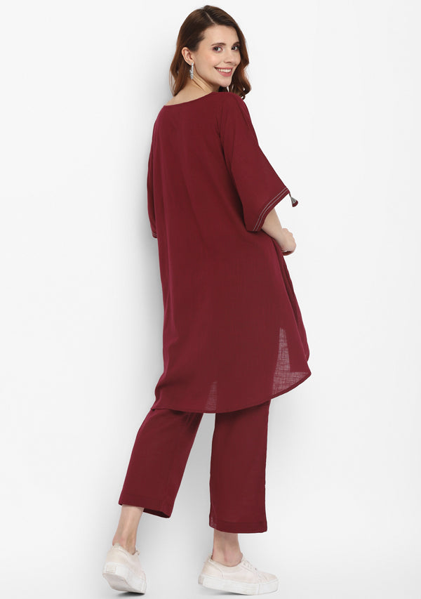 Wine Asymmetric Cotton Tunic ( Only Top )