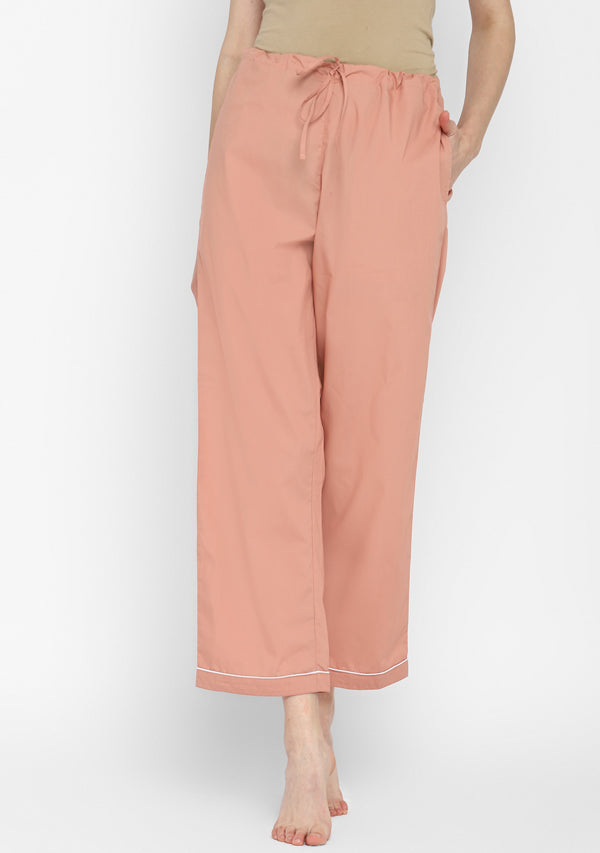 Peach Collared Long Sleeve Cotton Night Suit paired  with Pyjamas