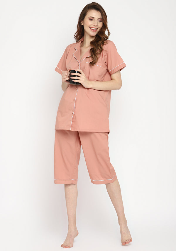 Peach Collared Short Sleeve Cotton Night Suit paired  with Capris