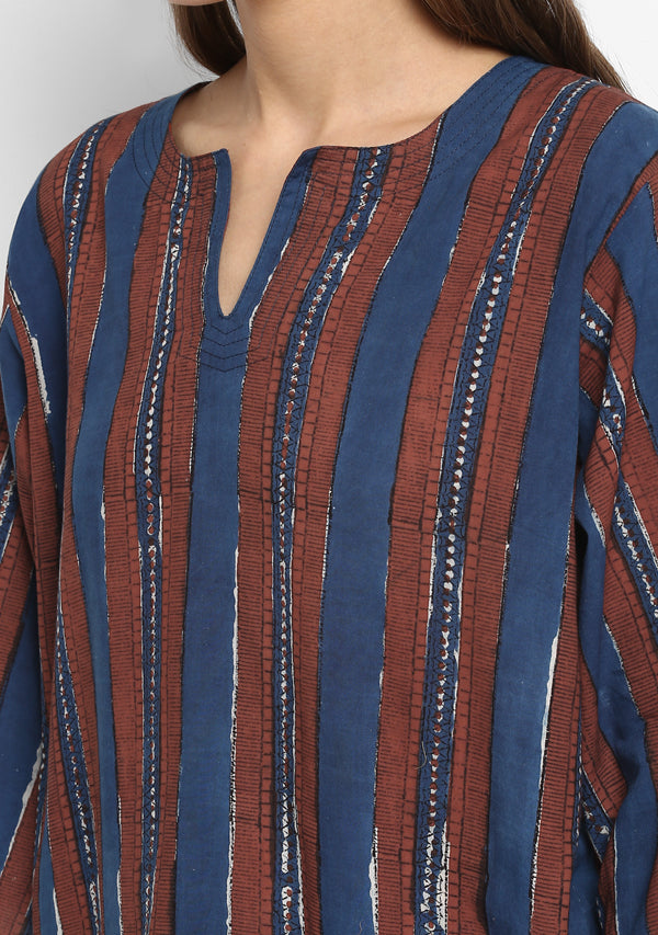 Navy Blue Red Striped Hand Block Printed Floral Cotton Night Suit - unidra.myshopify.com