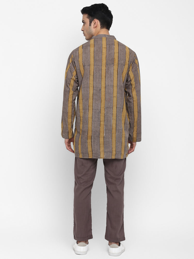 Grey Yellow Hand Block Printed Striped Cotton Shirt and Pyjamas For Men - unidra.myshopify.com