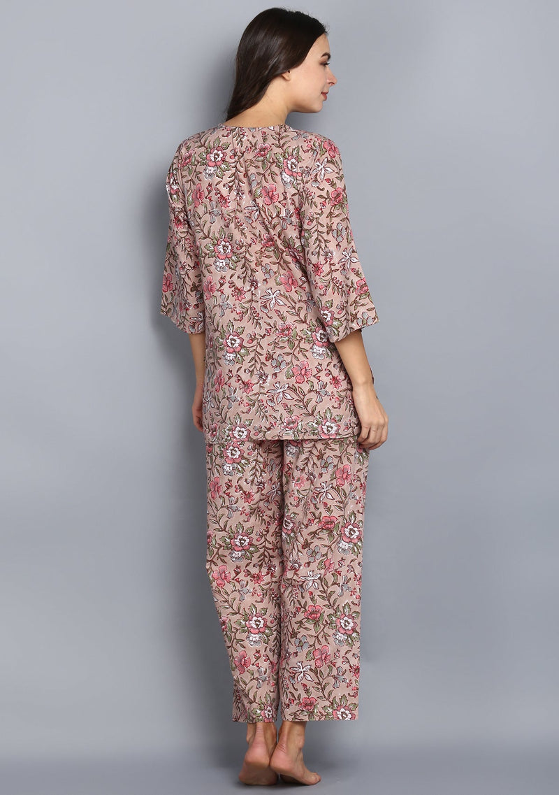 Coffee and Pink Hand Block Printed Floral Cotton Night Suit - unidra.myshopify.com