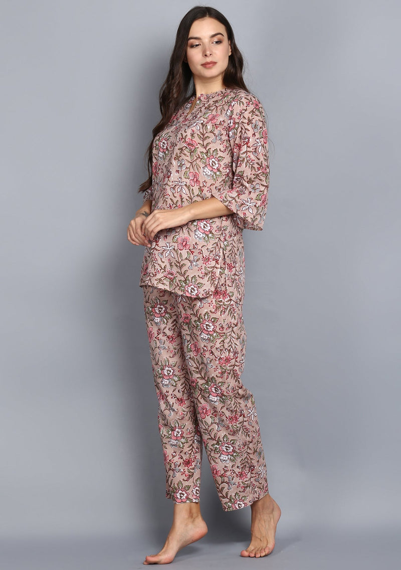 Coffee and Pink Hand Block Printed Floral Cotton Night Suit - unidra.myshopify.com