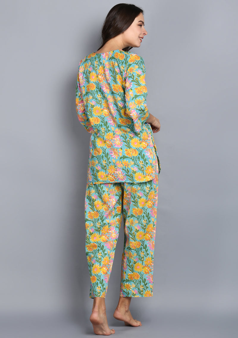 Turquoise Yellow Hand Block Printed Floral Cotton Night Suit - unidra.myshopify.com