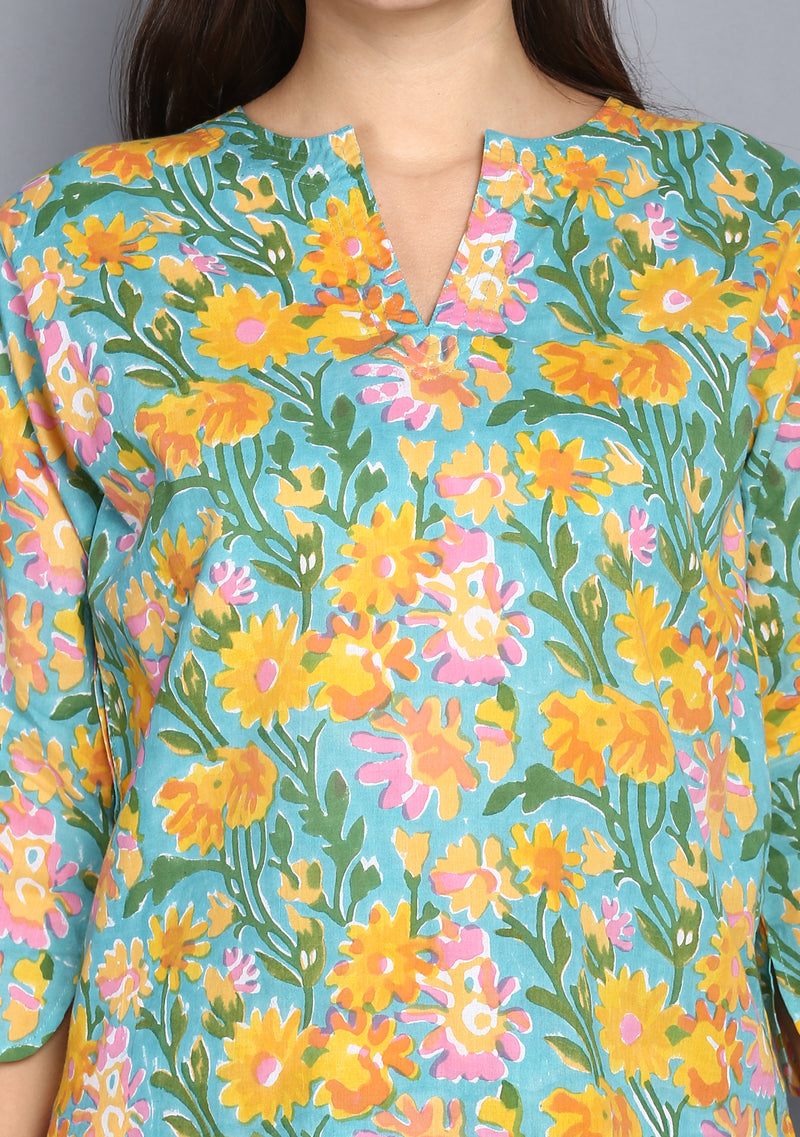 Turquoise Yellow Hand Block Printed Floral Cotton Night Suit - unidra.myshopify.com