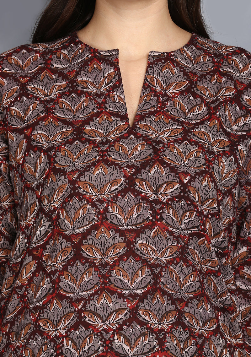 Grey Maroon Hand Block Printed Lotus Motif Cotton Night Suit - unidra.myshopify.com