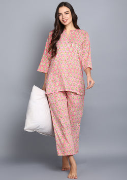 Pink Yellow Hand Block Printed Floral Cotton Night Suit - unidra.myshopify.com