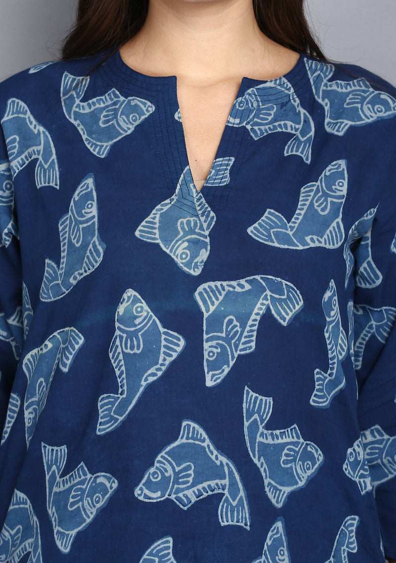 Indigo Ivory  Hand Block Printed Fish Motif Cotton Night Suit - unidra.myshopify.com