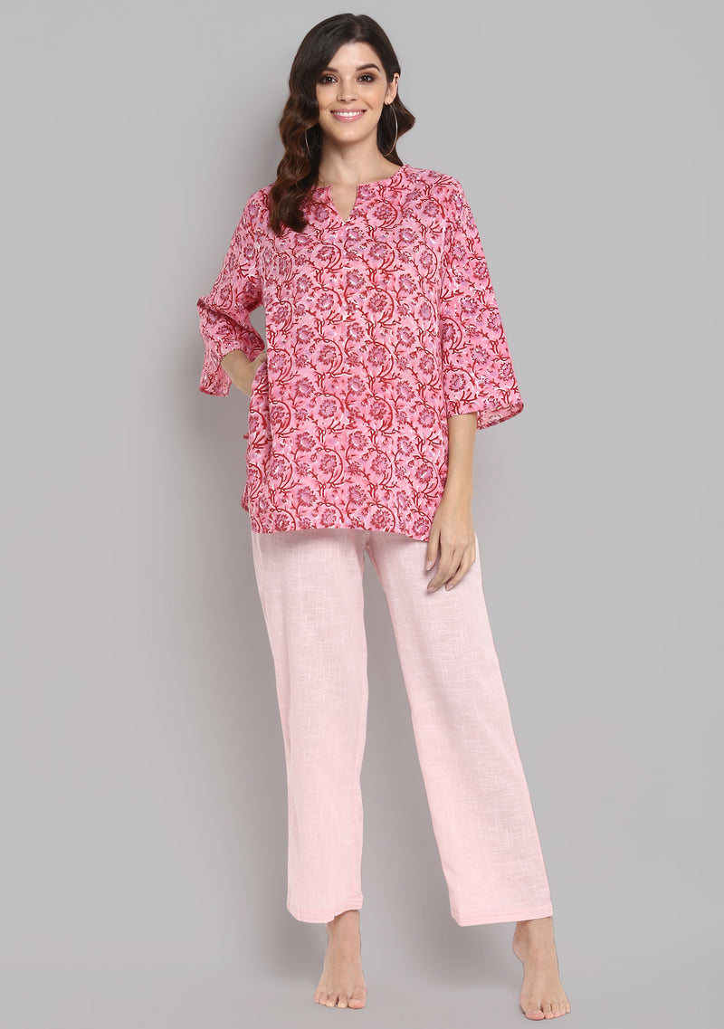 Pink Red Hand Block Printed Floral Cotton Night Suit - unidra.myshopify.com