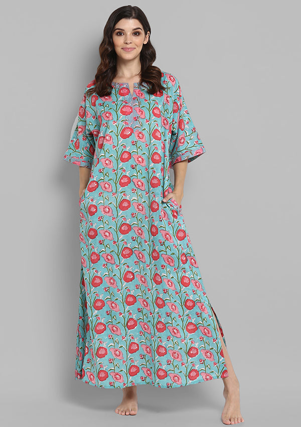 Turquoise Pink Hand Block Printed Floral Nighty Kaftan with Stitch Lines - unidra.myshopify.com