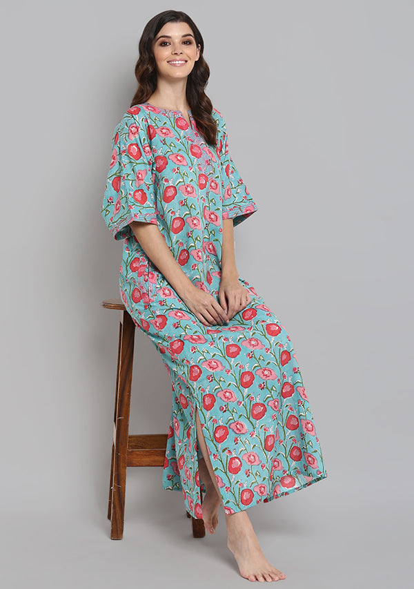 Turquoise Pink Hand Block Printed Floral Nighty Kaftan with Stitch Lines - unidra.myshopify.com