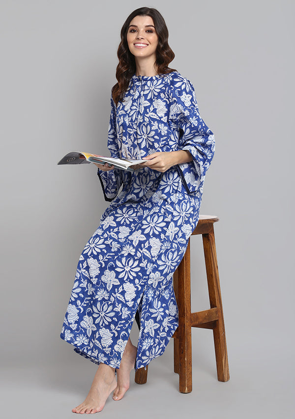 Navy Blue Hand Block Printed Floral Cotton Night Dress with Long Sleeves and Zip Detail - unidra.myshopify.com