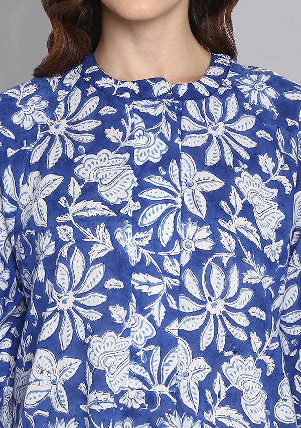 Navy Blue Hand Block Printed Floral Cotton Night Dress with Long Sleeves and Zip Detail - unidra.myshopify.com
