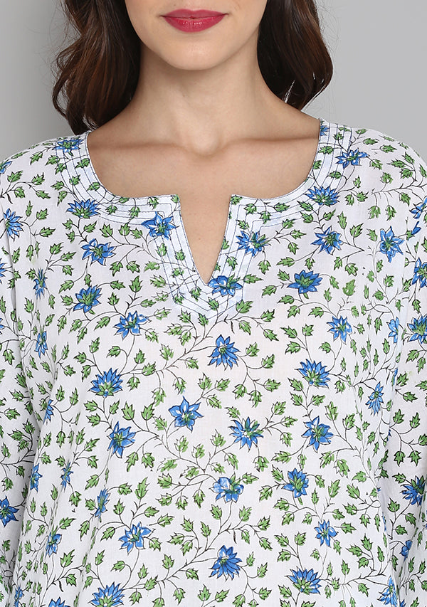 Blue Green Hand Block Printed Floral Cotton Night Suit - unidra.myshopify.com