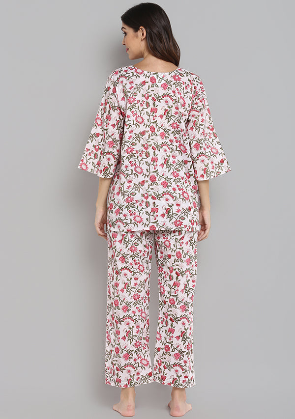 Ivory Pink Hand Block Printed Floral Cotton Night Suit - unidra.myshopify.com