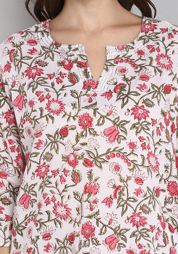Ivory Pink Hand Block Printed Floral Cotton Night Suit - unidra.myshopify.com