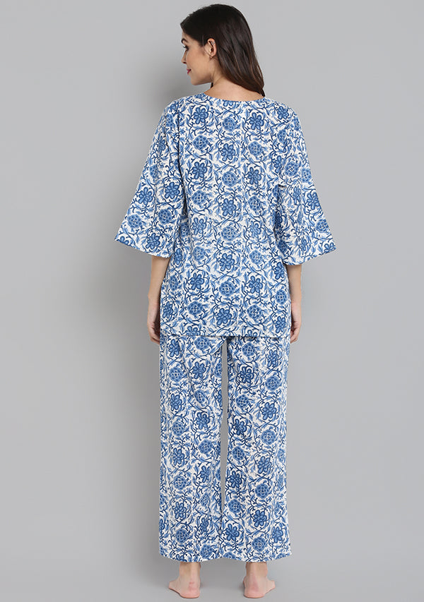 Ivory Blue Hand Block Printed Floral Cotton Night Suit - unidra.myshopify.com