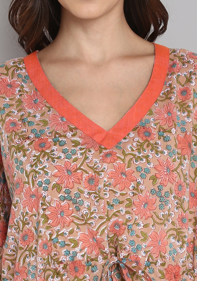 Peach Blue Hand Block Printed Floral Short Kaftan with White Pyjamas - unidra.myshopify.com