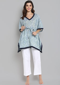 Soft Green Blue Hand Block Mughal Printed Floral Short Kaftan Tunic - unidra.myshopify.com